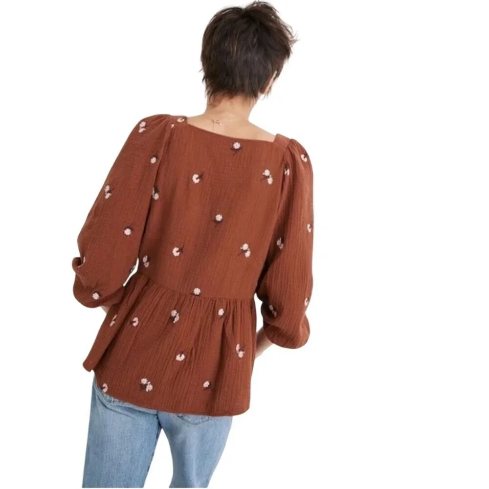 Madewell Amie Floral Embroidered Lightspun Millbrook Puff Sleeve Top Size XS